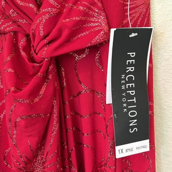 Perceptions Sparkle Red Ling Midi Dress size 1X shark bite hem Faux Wrap - Picture 2 of 7